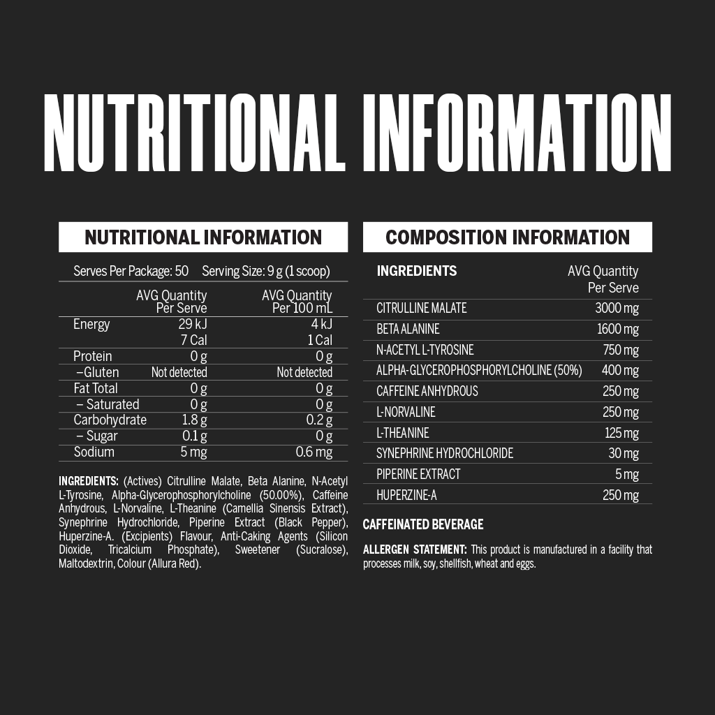 Faction Labs Disorder nutritional information and ingredient panel