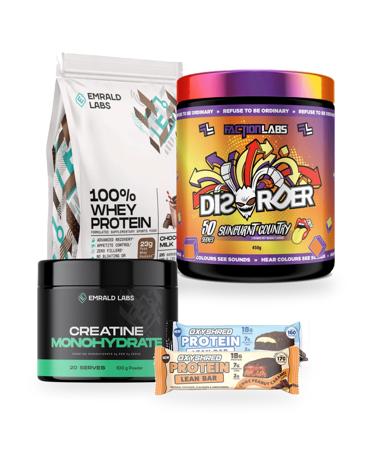 Gym Junkie Pack contents grouped - Emrald Labs 100% Whey 900g, Faction Labs Disorder, creatine and OxyShred Protein Lean Bars