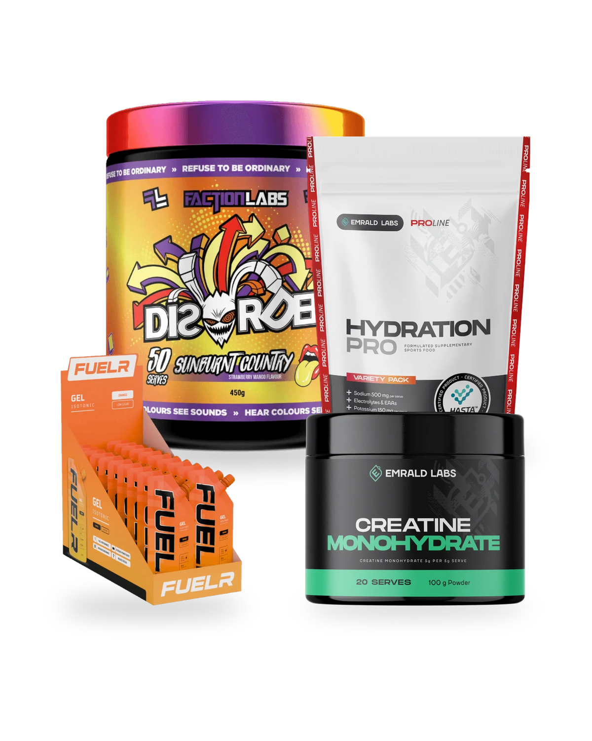 HYROX Pack contents grouped - Faction Labs Disorder pre-workout, Emrald Labs creatine, FUELR isotonic gels and Hydration Pro