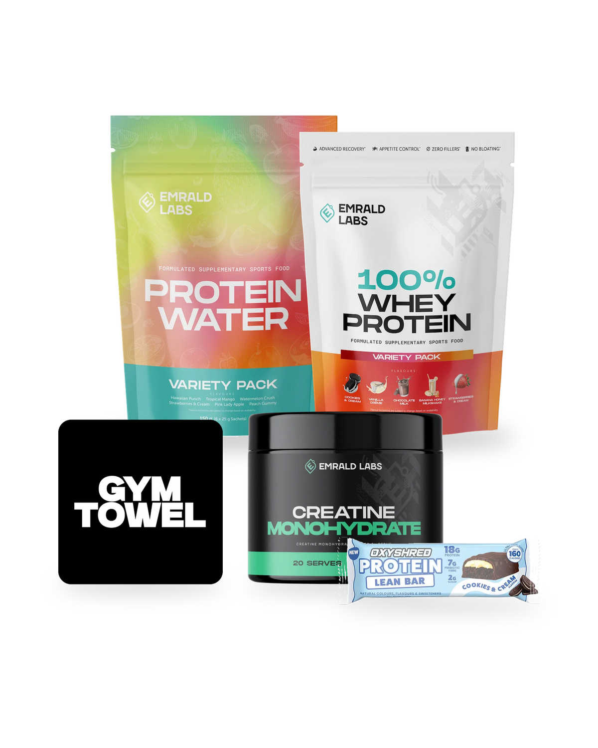 Pilates Pack contents grouped - Emrald Labs Protein Water, whey sample sachets, creatine, OxyShred Protein Lean Bar and a TODAY gym towel