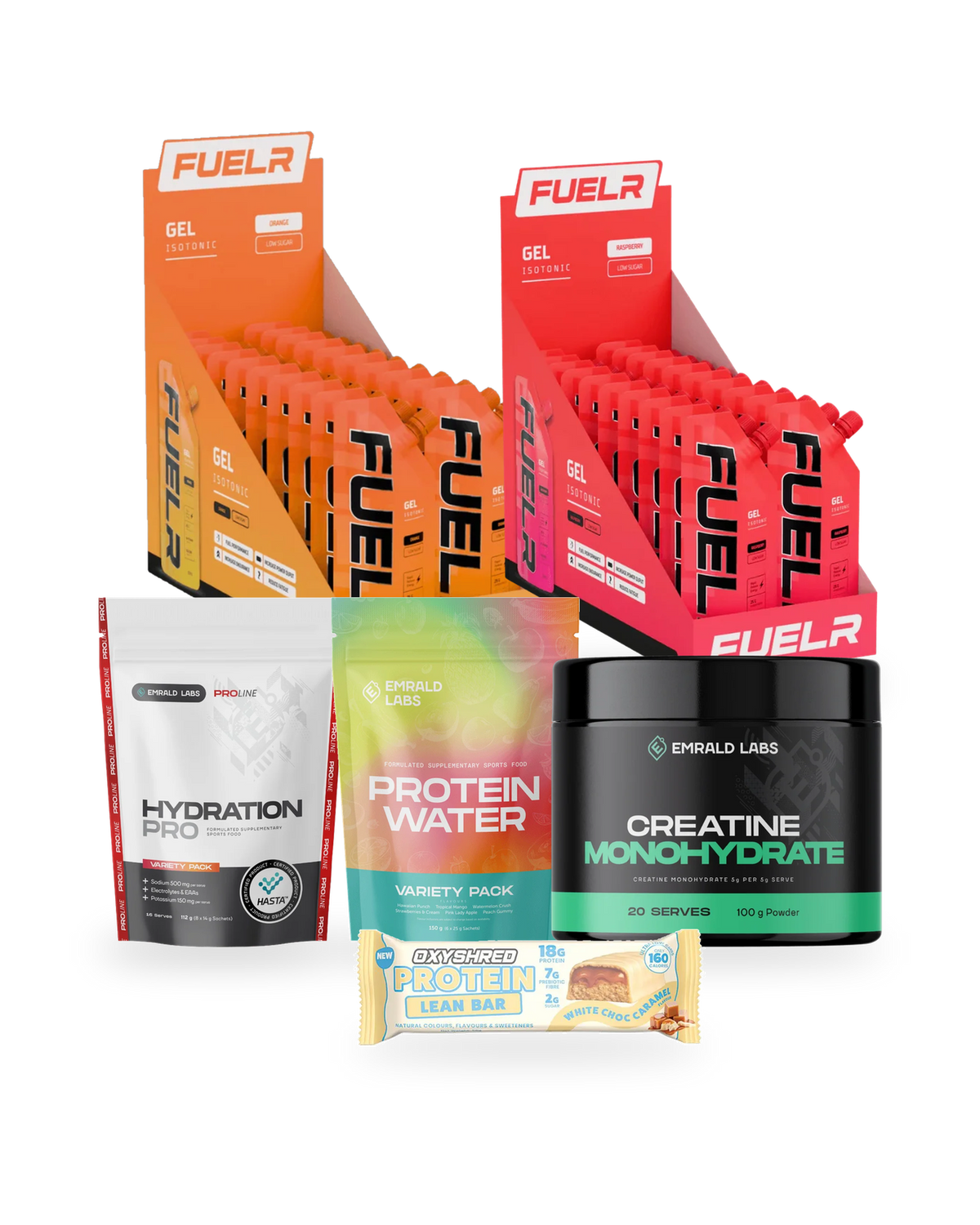 Runners Refuel Pack contents grouped - FUELR isotonic gels, Hydration Pro, Protein Water, creatine and an OxyShred Protein Lean Bar